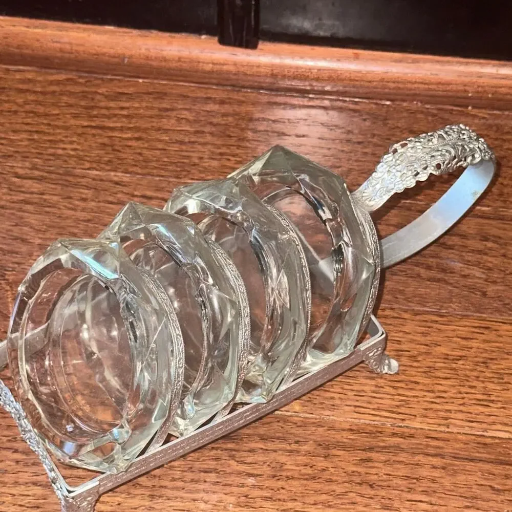Vintage Mid Century Glass Ashtray & Caddy Set Floral-Like New
